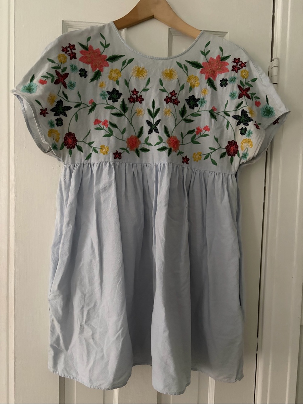 Zara Light Blue Mini Romper/Dress with Multicolor Floral Embroidery